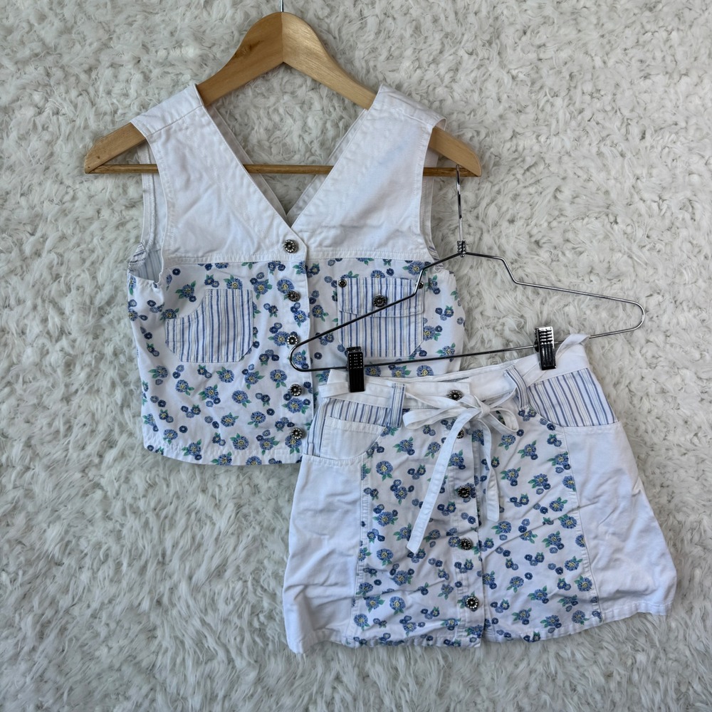 Cherokee‎ Girls 2 Piece Set Vest 10/12 + Skirt 7/8 White Blue Western Floral